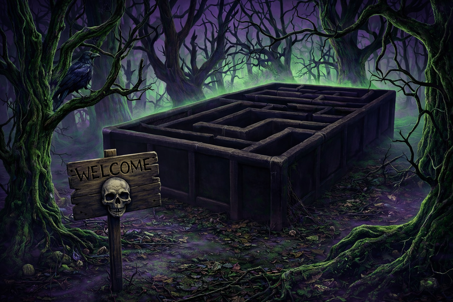 Dark maze in spooky forest with twisted trees, skull sign, and green mist